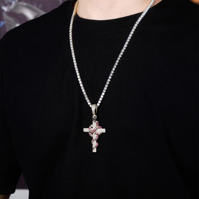 Gold Snake Cross Pendant Iced Out