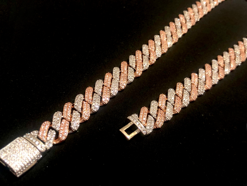 Iced Out Two Tone Diamond Prong Cuban Link Chain 14mm