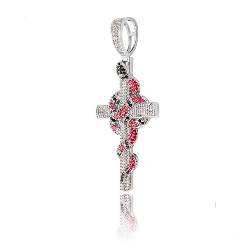 White Gold Snake Cross Pendant Iced Out